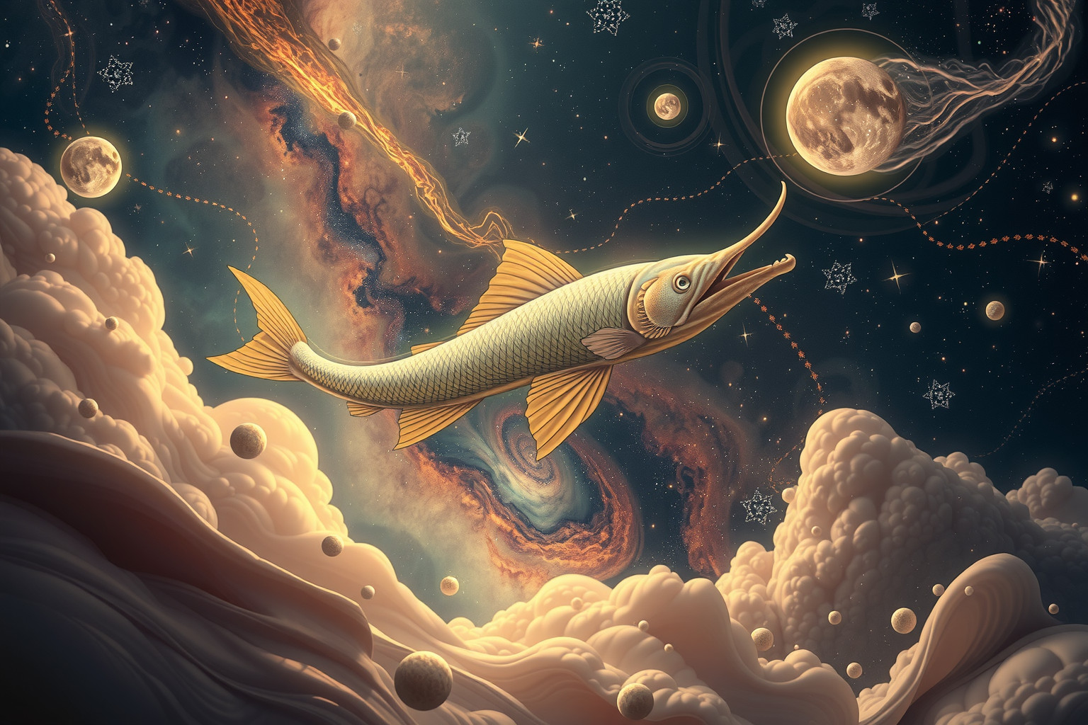 Ein fliegender Stör symbolisiert unerreichbare Wünsche und Fantasien.