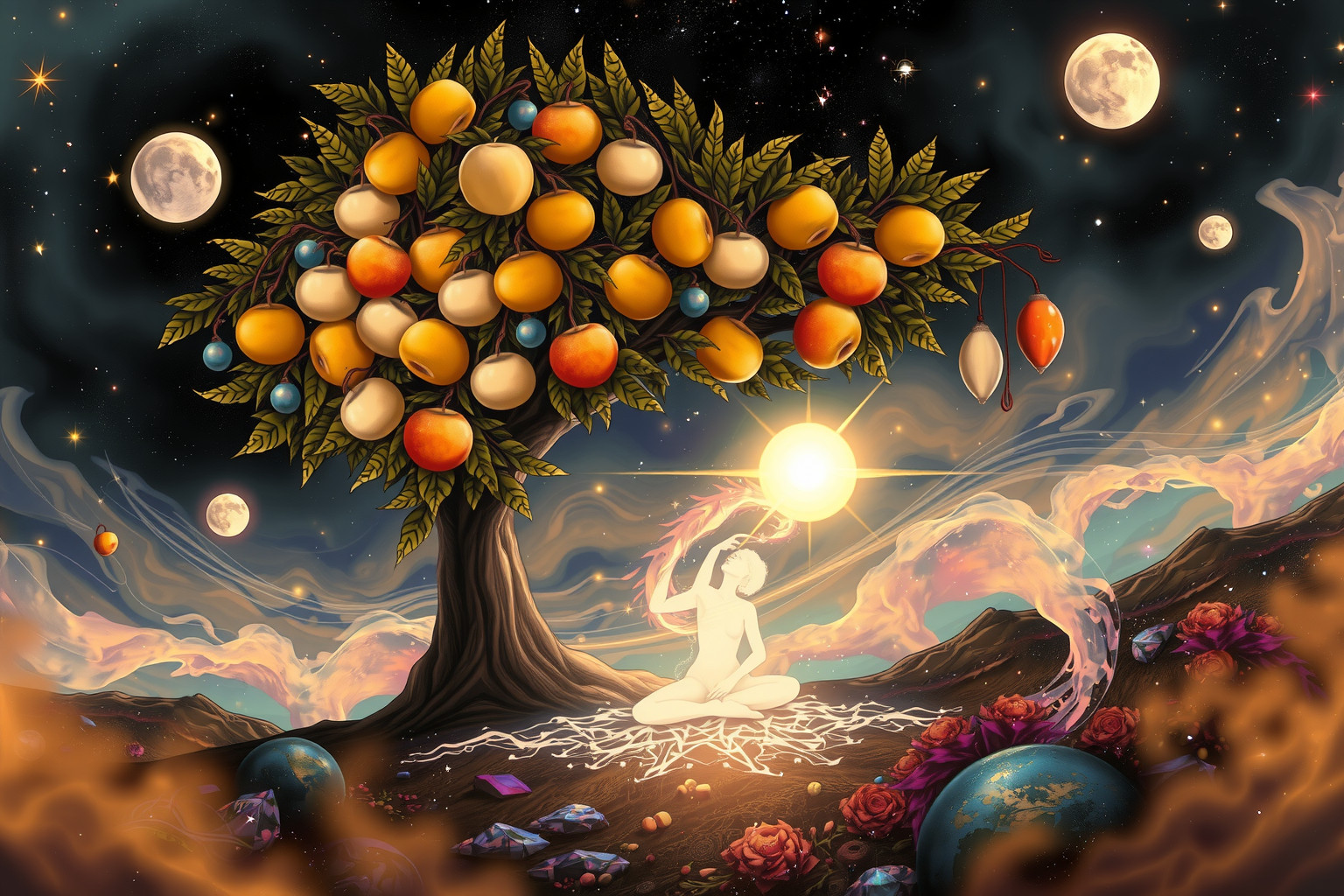 Unter einem Obstbaum sitzen symbolisiert inneren Frieden und Erholung.