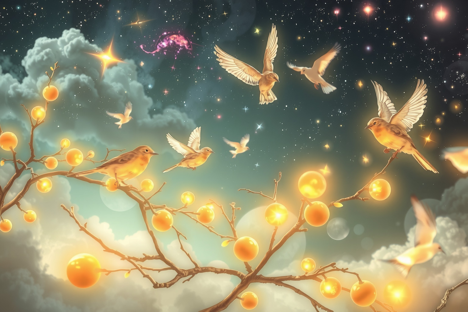 Vögel im Obstbaum symbolisieren Freude, Freiheit und natürlichen Reichtum.