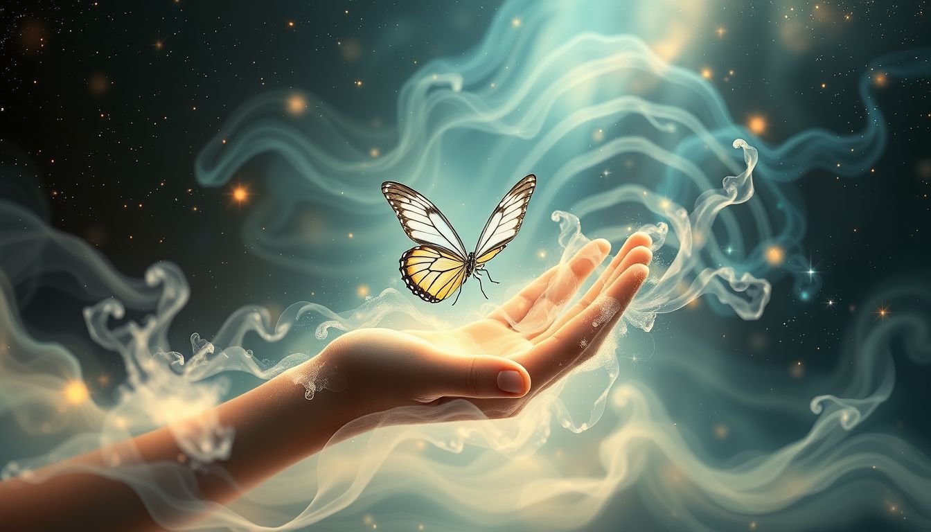 Ein Schmetterling auf der Hand symbolisiert kreative Entfaltung und Freiheit.