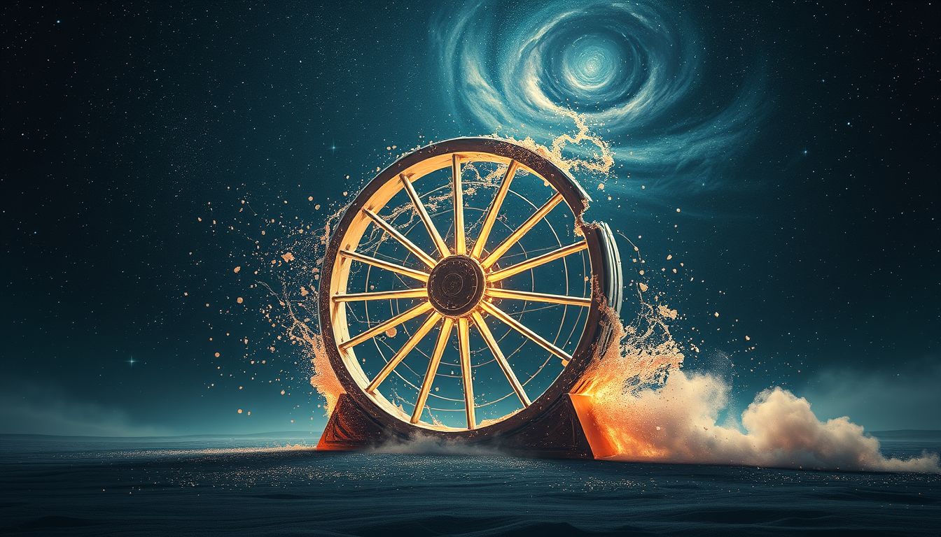Ein zusammenbrechendes Schöpfrad symbolisiert plötzlichen Energieverlust im Leben.