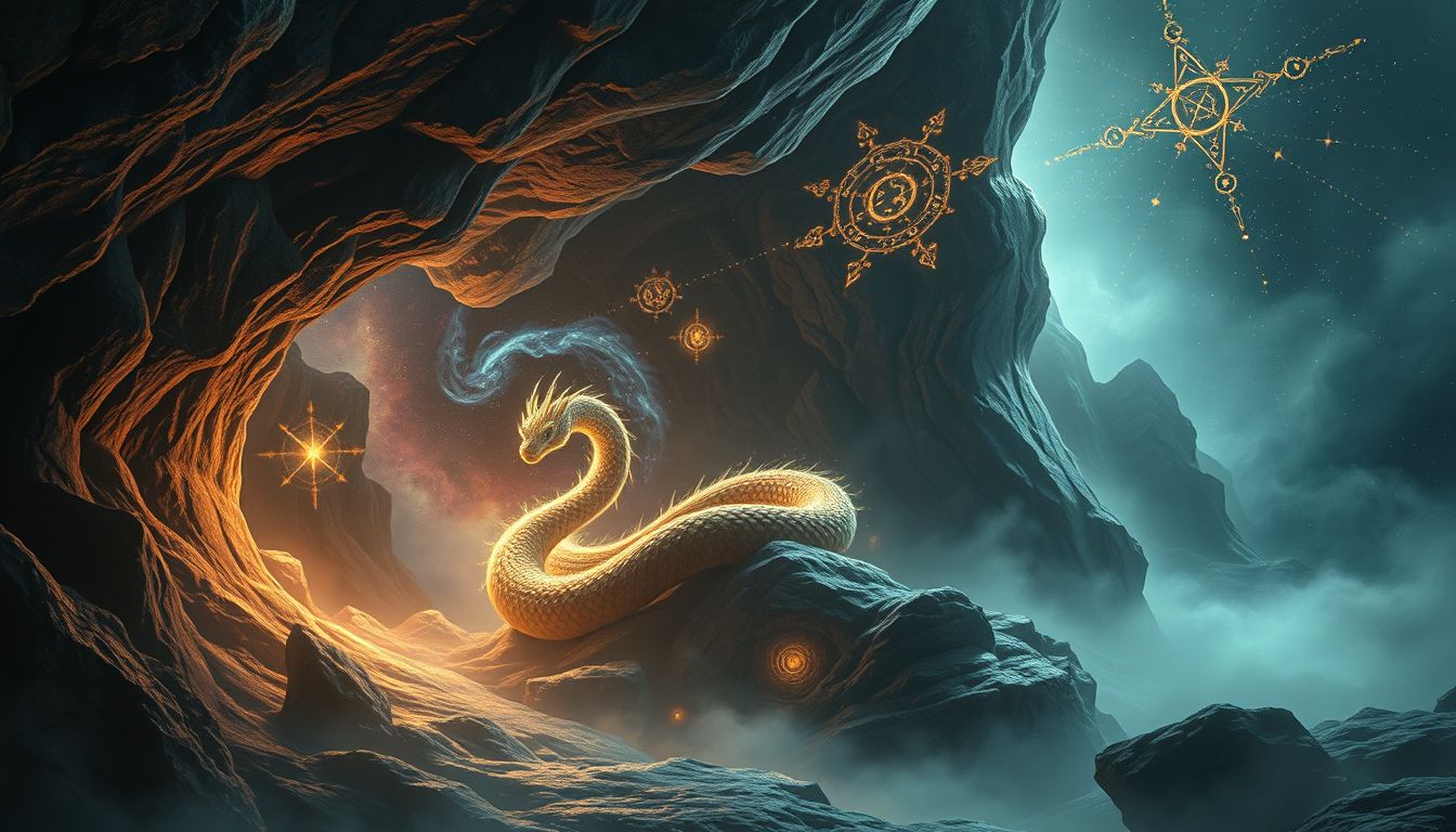 Ein Lindwurm in der Höhle symbolisiert verborgene Ängste und Kräfte.