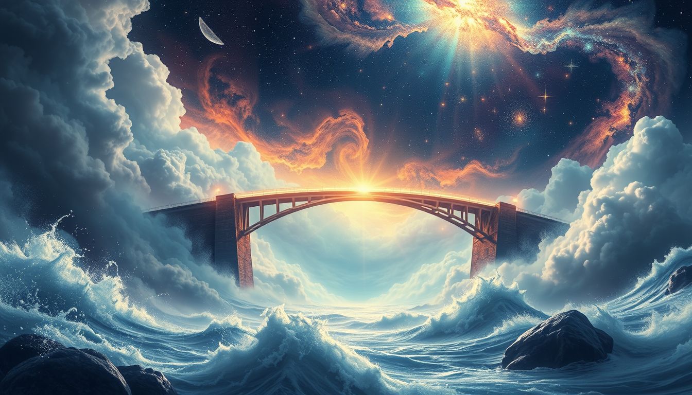 Ein Sturm auf der Brücke symbolisiert innere Konflikte und Unsicherheit.