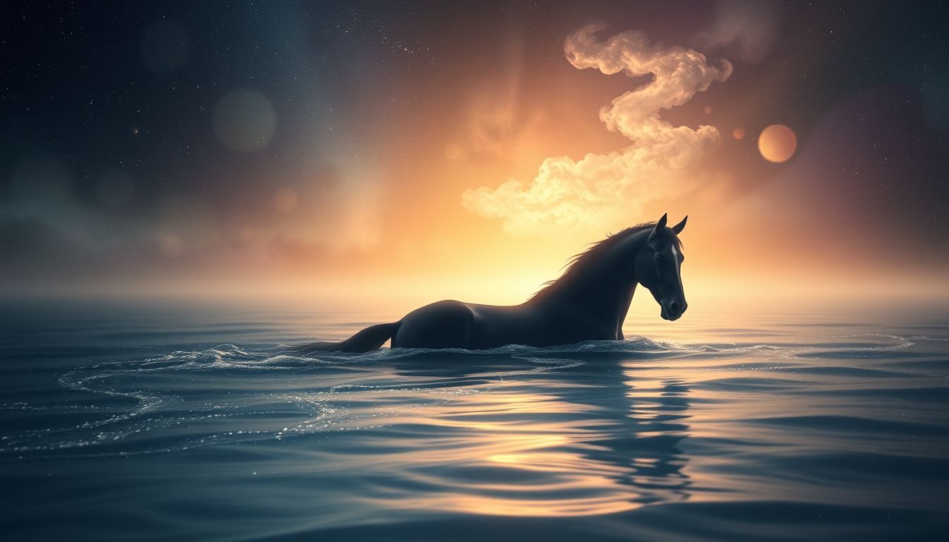 Ein dunkles Pferd im Wasser symbolisiert verborgene emotionale Tiefen.