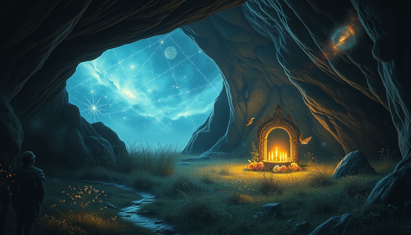 Ein Feldaltar in einer Höhle symbolisiert verborgene spirituelle Kraftquellen.