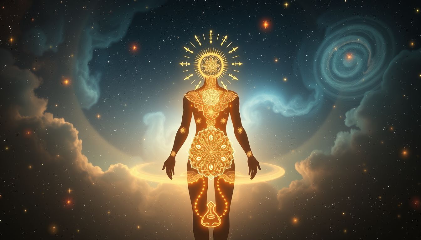 Spirituelle Symbole auf der Haut deuten auf innere Transformation hin.