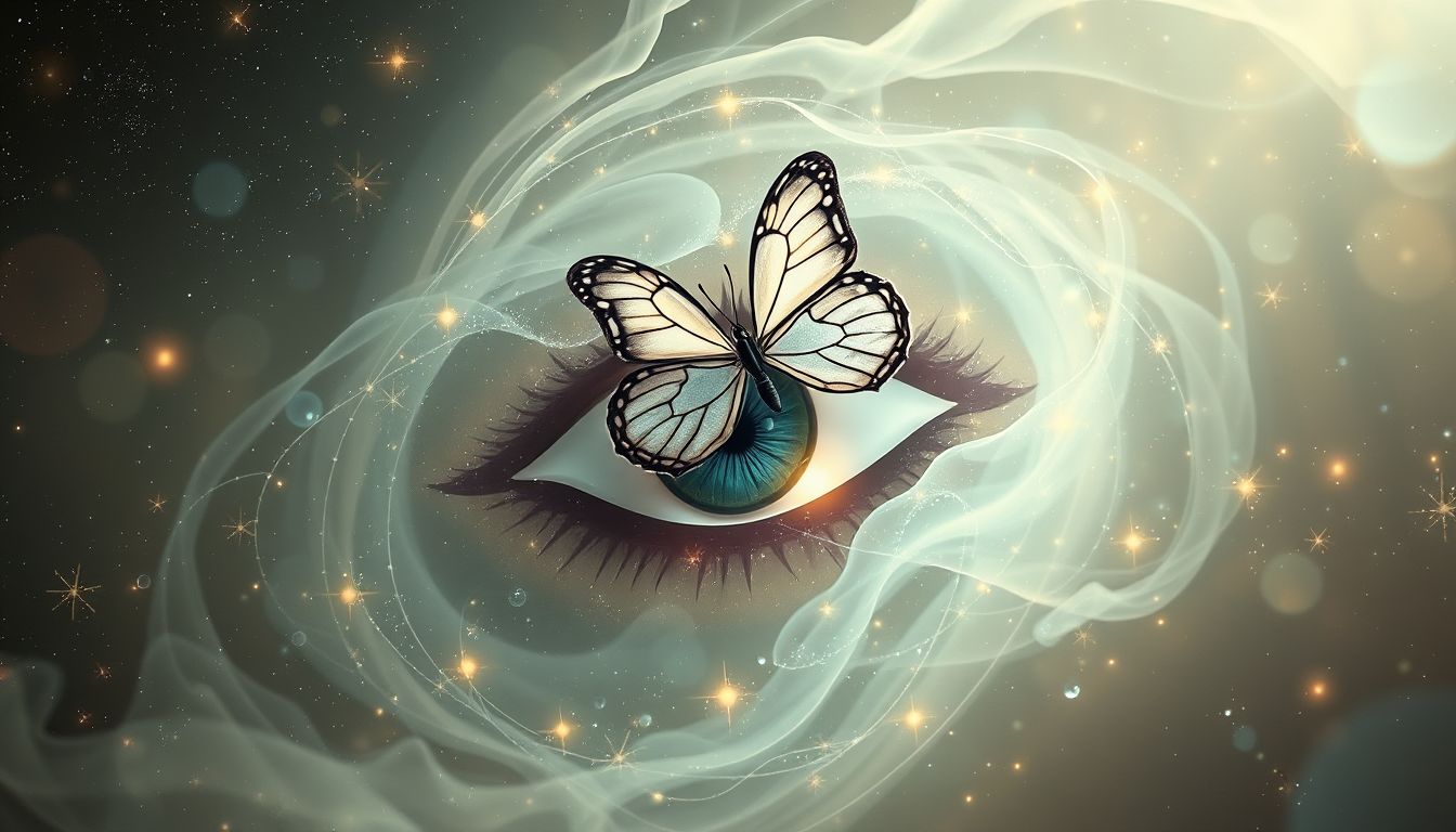Ein Schmetterling am Auge symbolisiert klare innere Vision und Intuition.