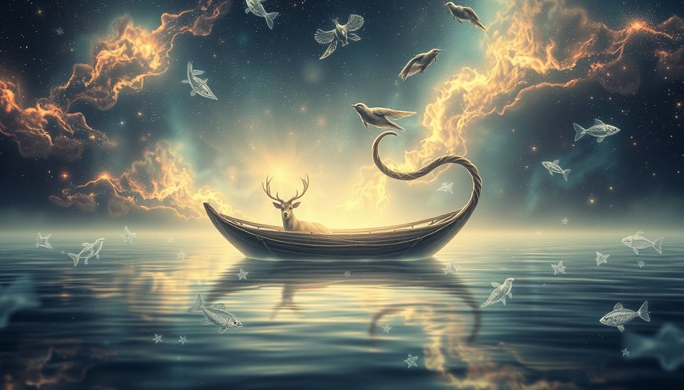 Ein Floß mit Tieren symbolisiert oft Schutz und Instinkte.