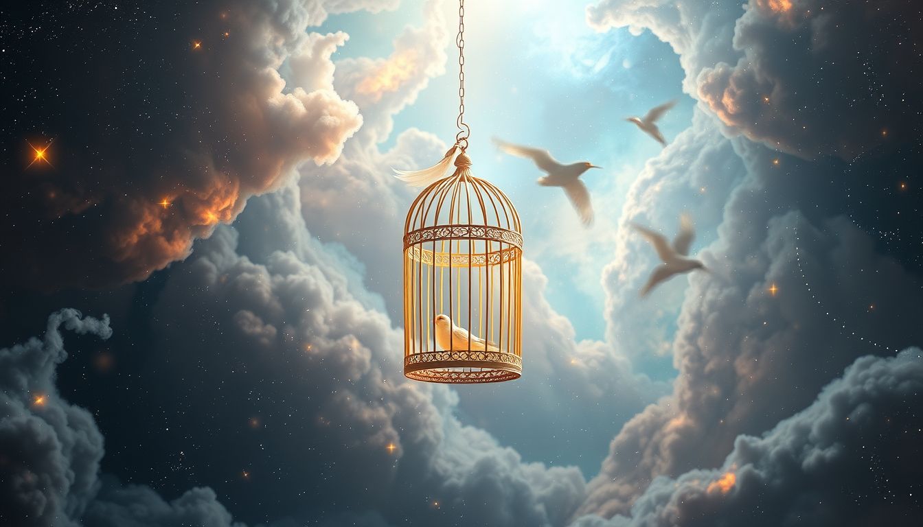 Der schwingende Käfig symbolisiert innere Unruhe und Veränderungswunsch.