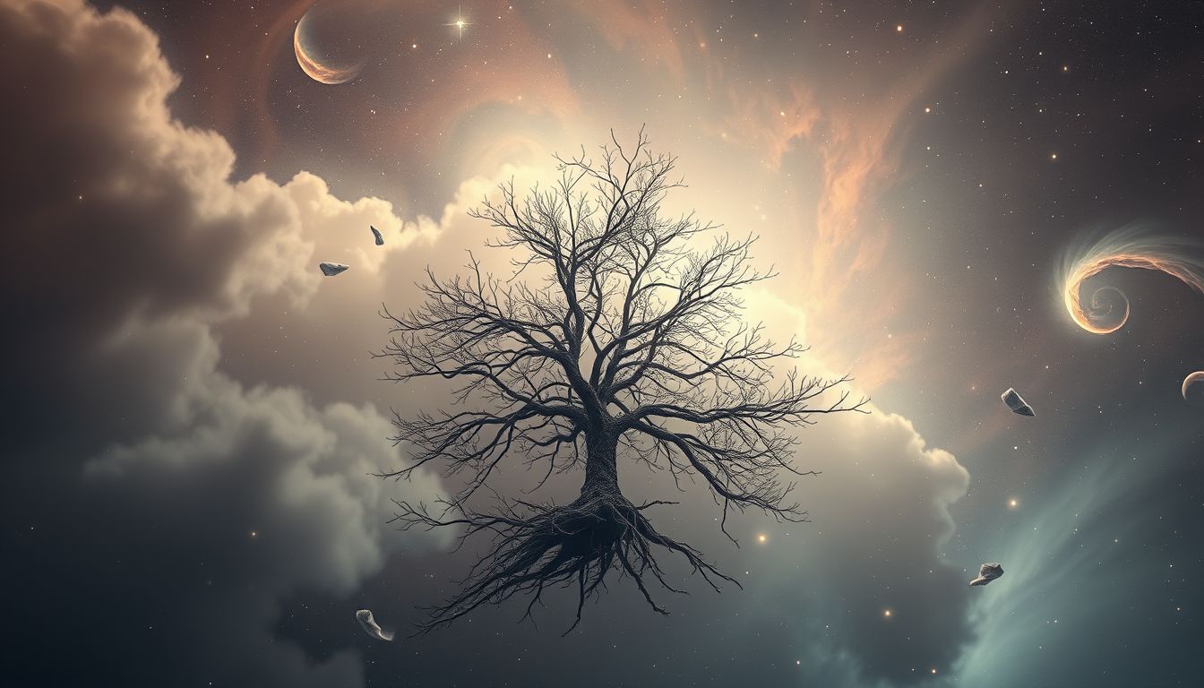 Ein sterbender Nadelbaum symbolisiert oft Verlust und inneren Wandel.