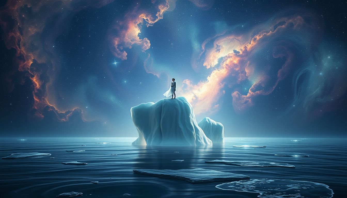 Auf einem Eisberg stehen symbolisiert emotionale Unsicherheit und Isolation.