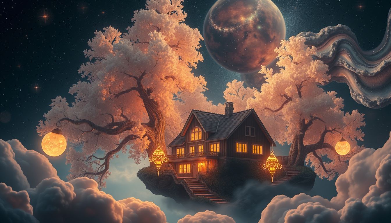 Ein Gasthaus im Wald symbolisiert Rückzug und innere Einkehr.