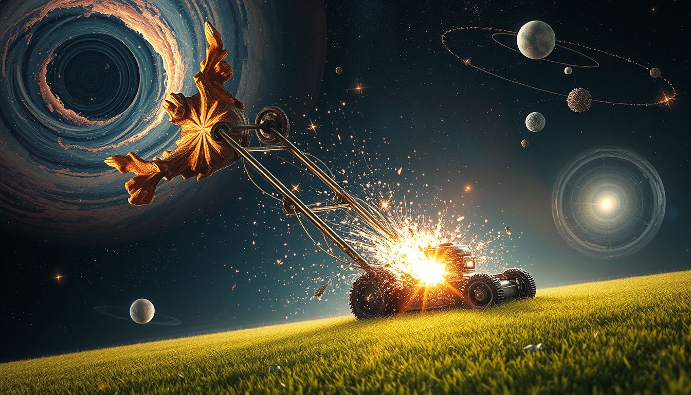 Ein explodierender Rasenmäher symbolisiert plötzliche Kontrollverluste im Traum.