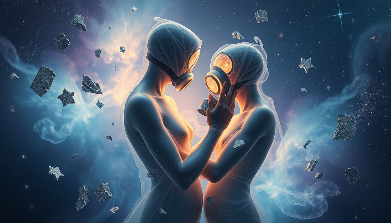 Das Aufzwingen einer Gasmaske symbolisiert Schutz vor inneren Ängsten.