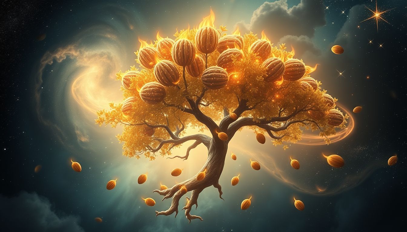 Ein brennender Nussbaum symbolisiert innere Transformation und Loslösung.
