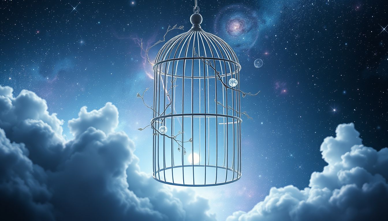 Der offene Käfig symbolisiert Sehnsucht nach Freiheit und Selbstbestimmung.
