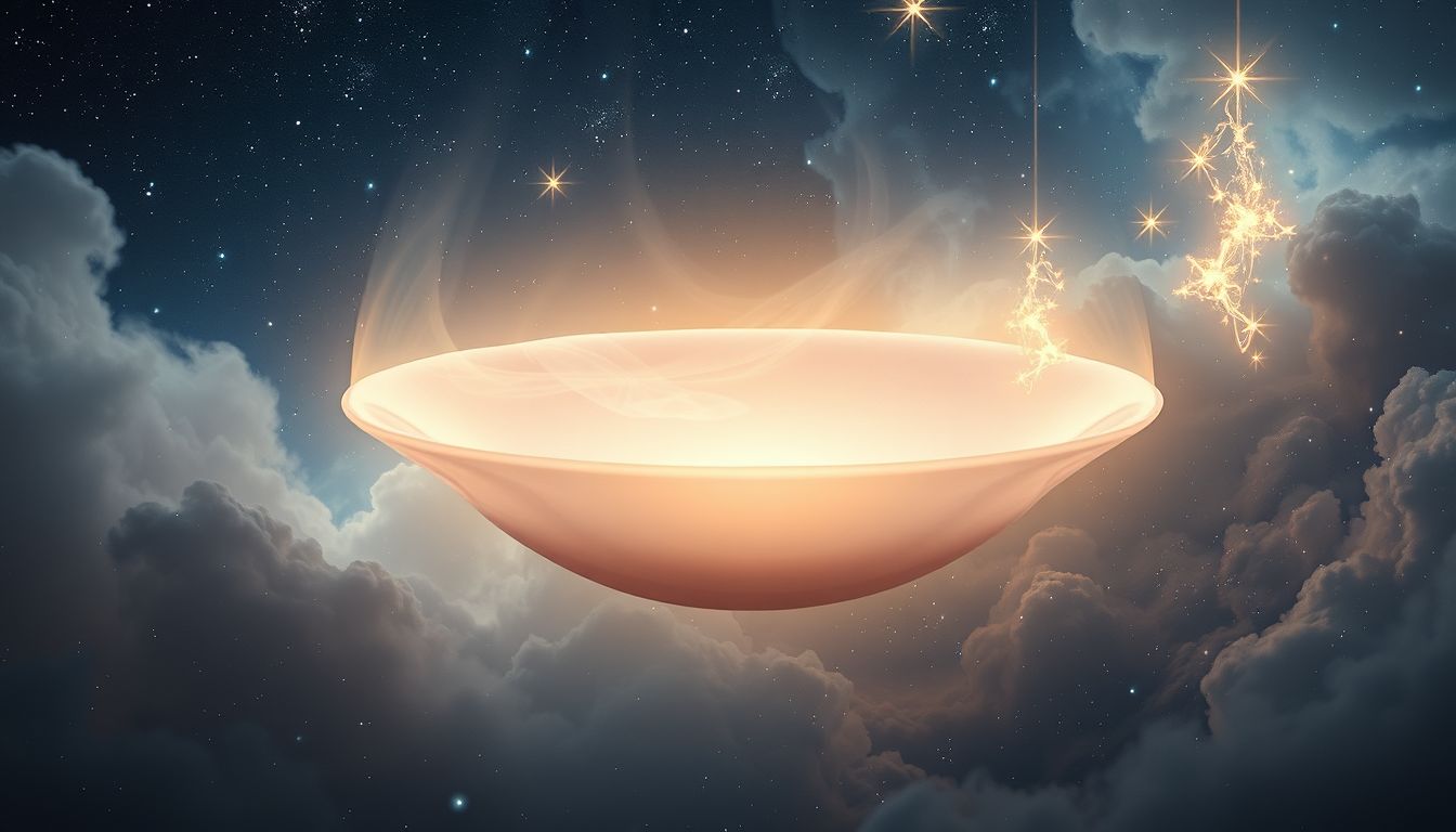 Eine schwebende Untertasse symbolisiert unerwartete Freiheit und Loslösung.