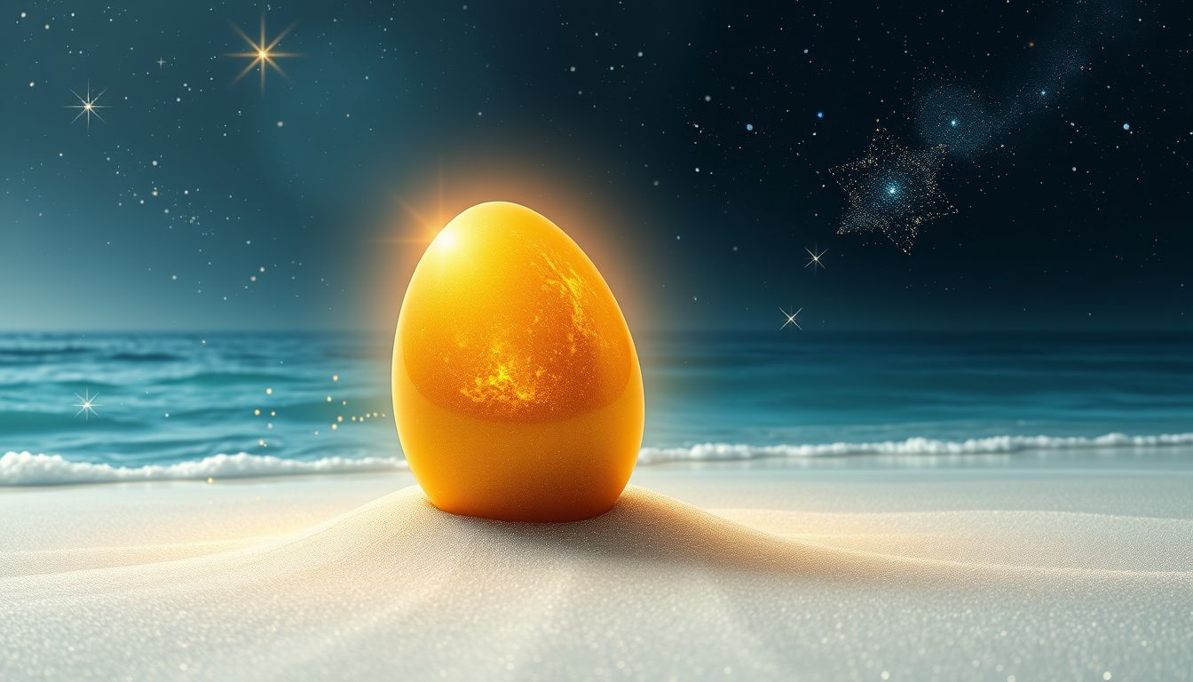 Ein goldenes Ei am Strand symbolisiert unerwarteten Reichtum und Glück.