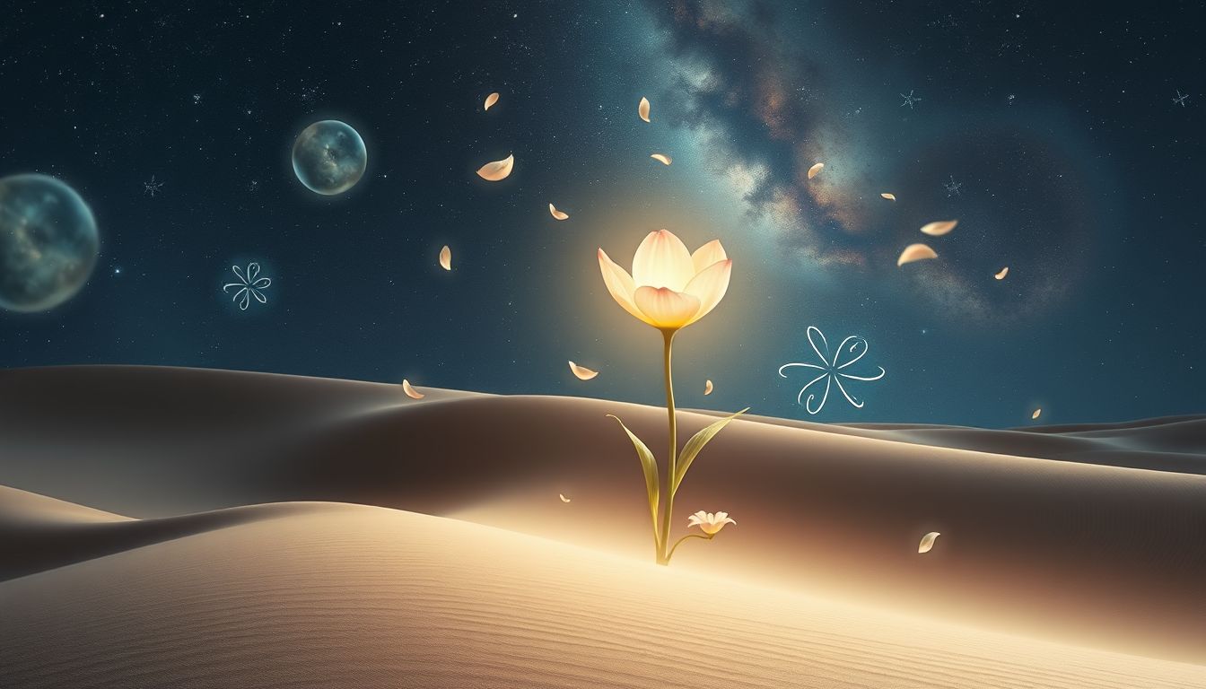 Eine seltene Blume am Strand symbolisiert verborgene persönliche Schätze.
