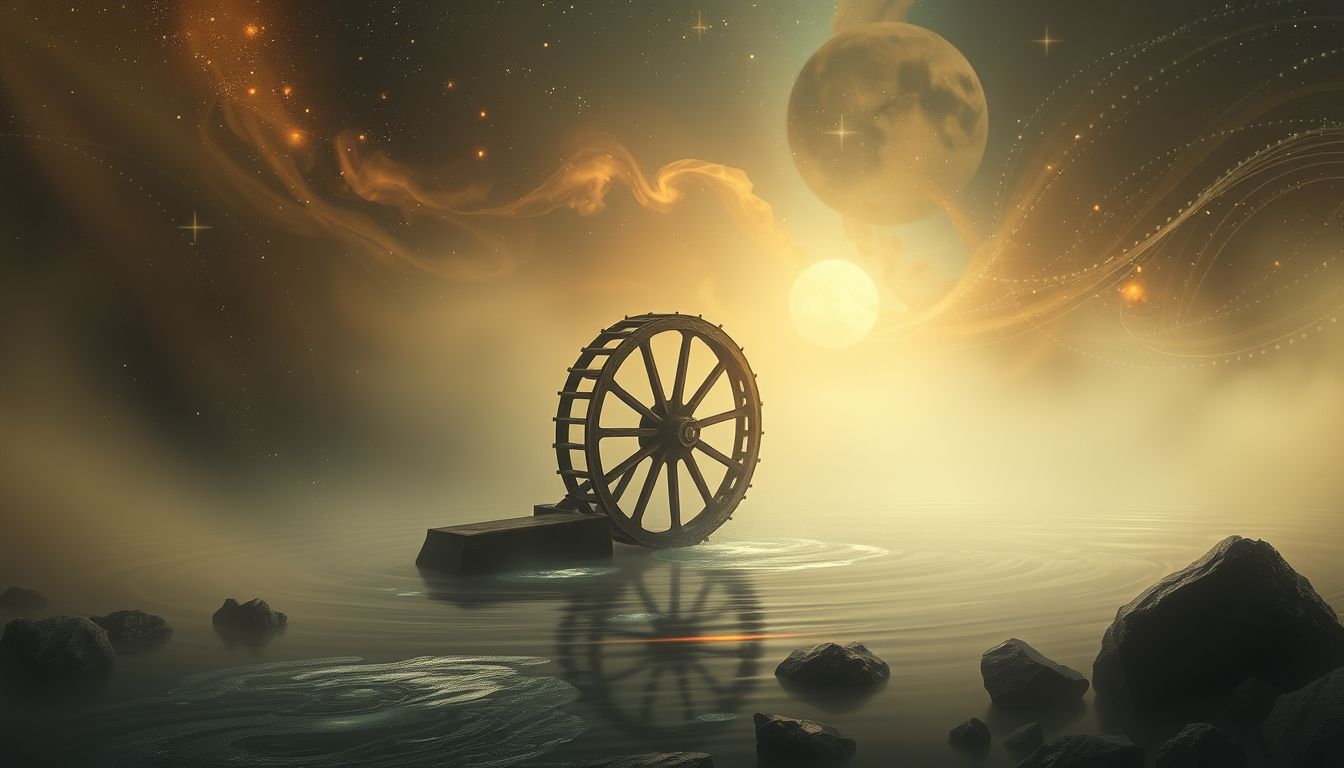 Ein Schöpfrad im trüben Fluss symbolisiert innere Unklarheit.
