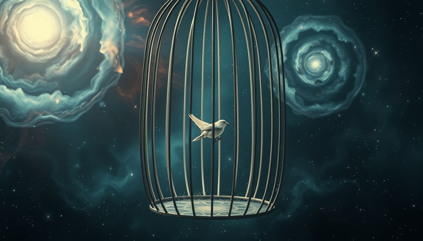 Ein kleiner Vogel im großen Käfig symbolisiert eingeschränkte Freiheit.