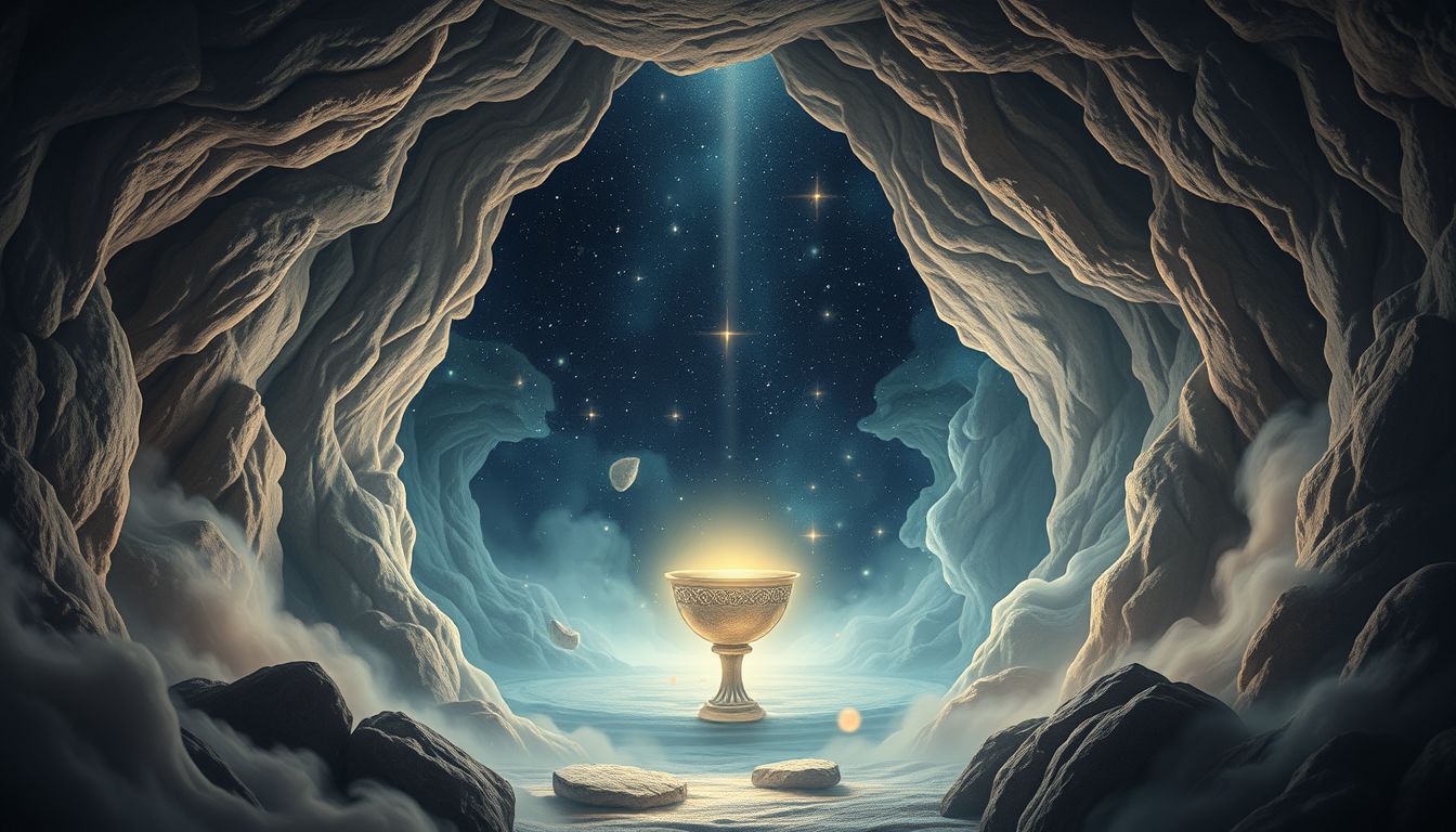 Der Gral in Höhle symbolisiert tiefes inneres Wachstum und Selbstfindung.