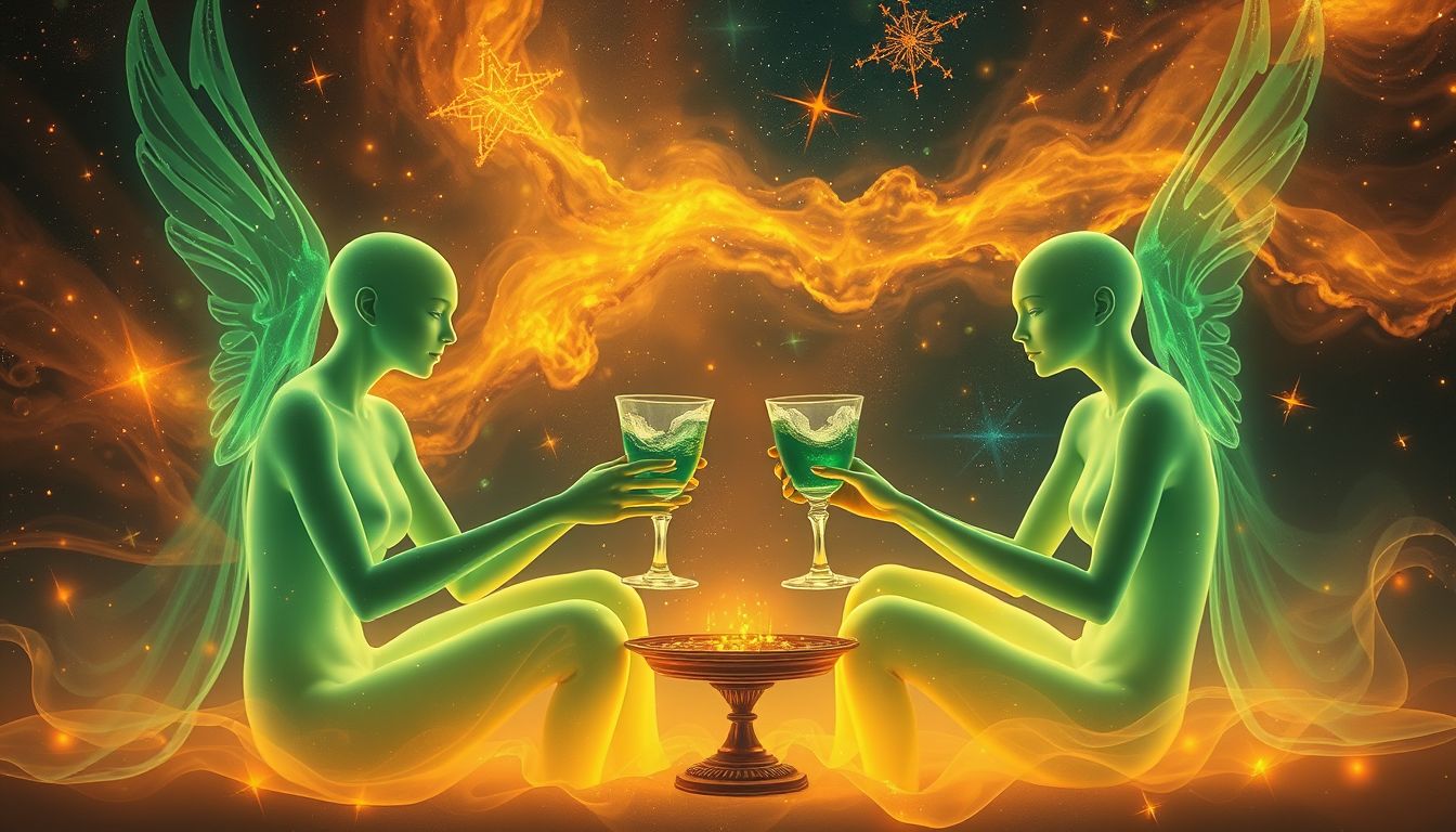 Absinth mit Freunden trinken symbolisiert Gemeinschaft und geheime Verbindungen.