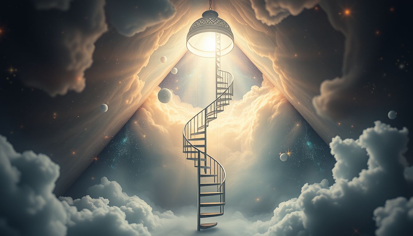 Ein Dachzimmer mit Wendeltreppe symbolisiert persönliche Entwicklung und Aufstieg.