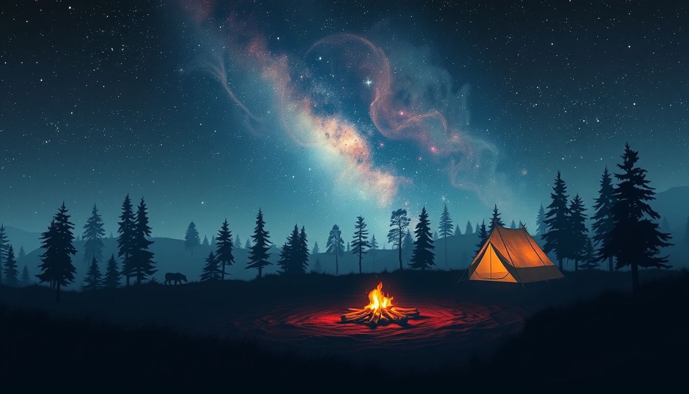 Das Lager im Wald symbolisiert Sehnsucht nach Freiheit und natürlicher Wildnis.