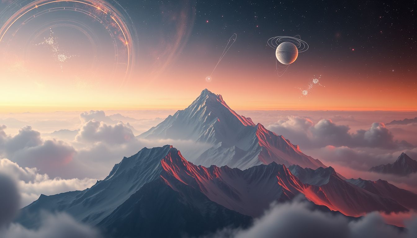 Ein Bergmassiv im Sonnenuntergang symbolisiert Zyklusende und Selbsterkenntnis.