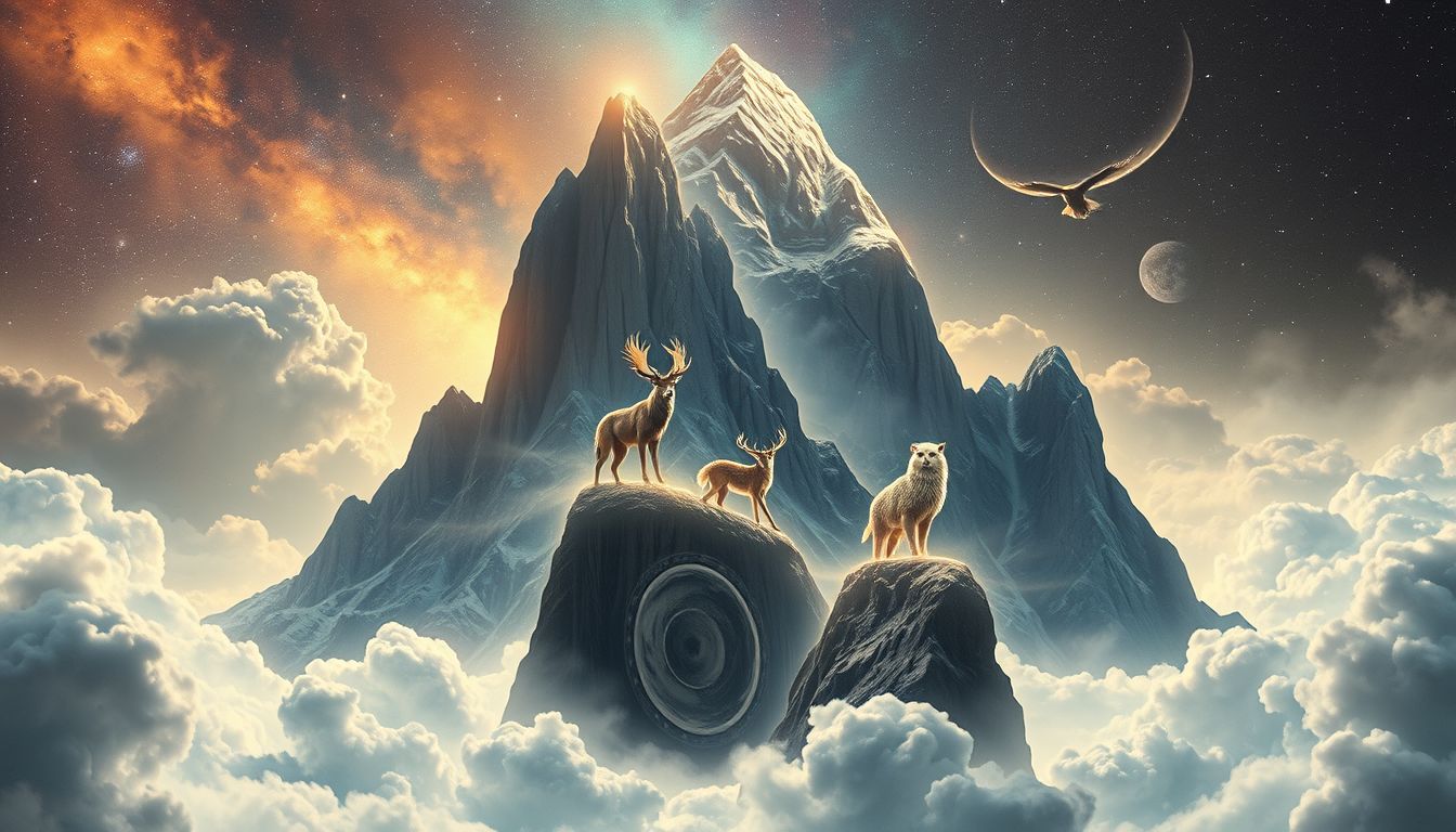 Tiere im Bergmassiv symbolisieren Instinkte und tiefe Naturverbundenheit.