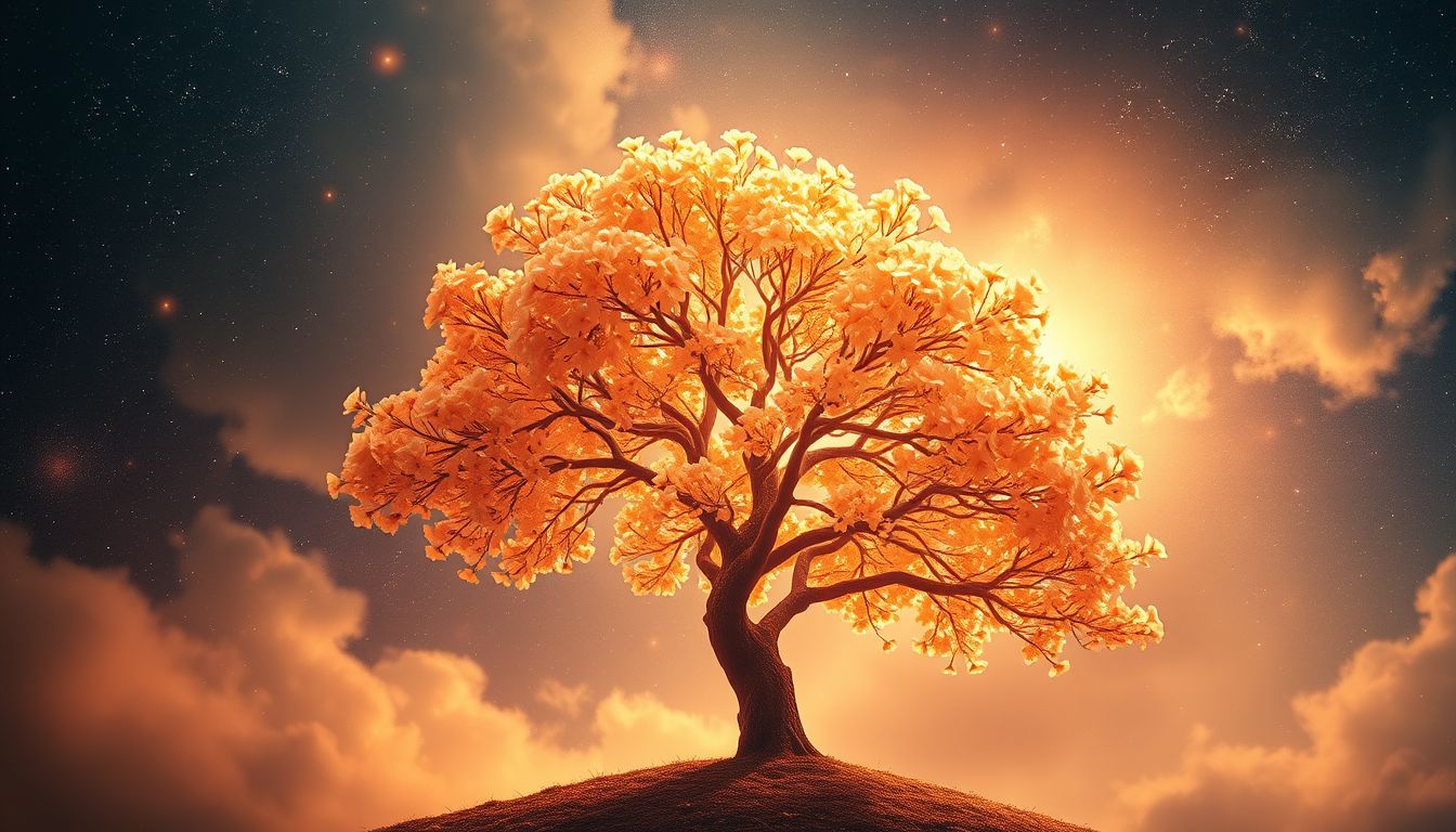Ein blühender Orangenbaum symbolisiert fruchtbare Lebensphasen und Hoffnung.