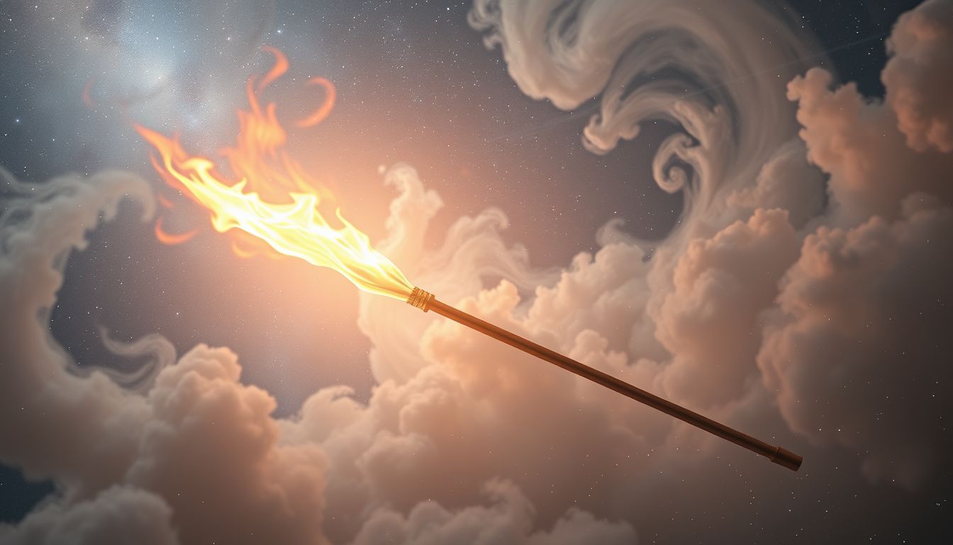 Ein brennender Besenstiel symbolisiert innere Konflikte und Transformation.