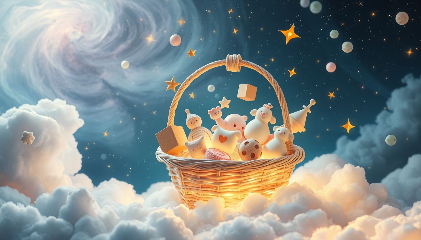 Ein Geschenkkorb mit Spielzeug symbolisiert Kindheitserinnerungen und Freude.