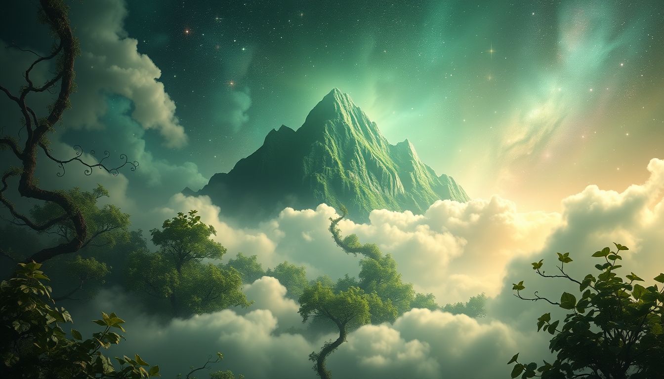 Ein grünes Bergmassiv symbolisiert Wachstum, Leben und Fruchtbarkeit.