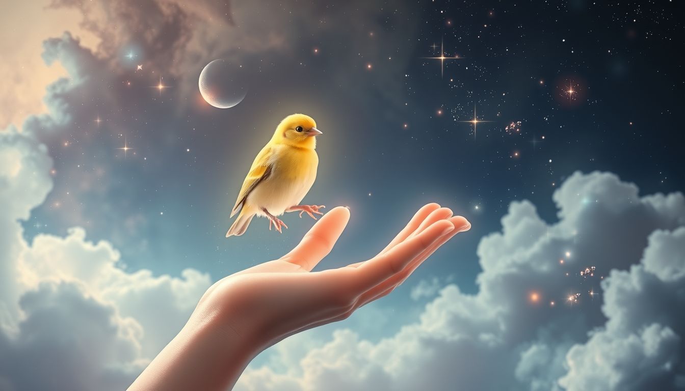 Ein Kanarienvogel auf der Hand symbolisiert Nähe und Freiheit.