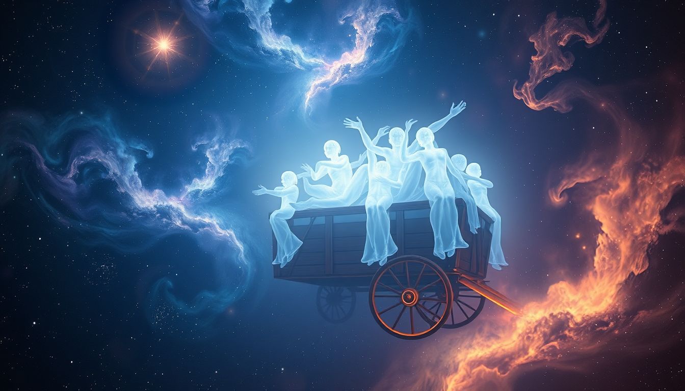 Ein Leiterwagen voller Menschen symbolisiert Gemeinschaft und gemeinsame Ziele.