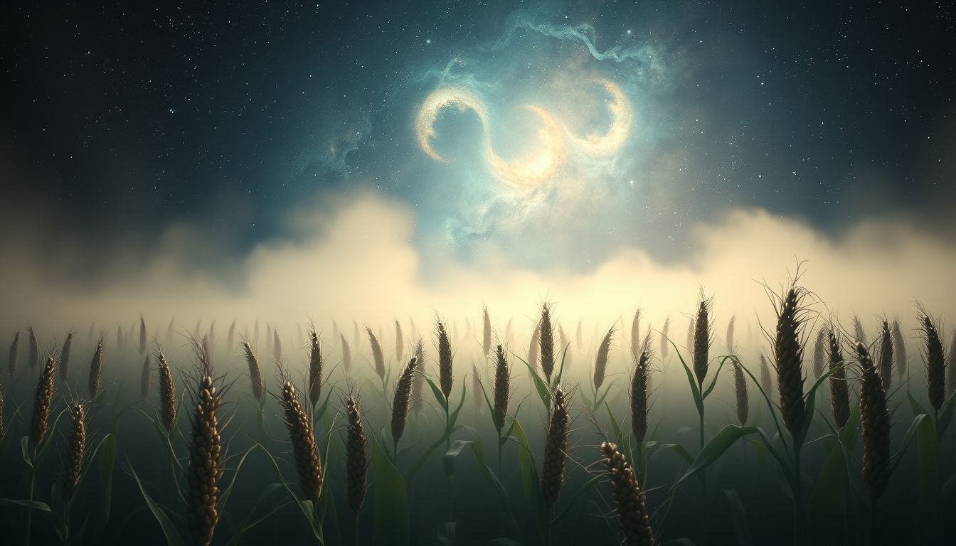 Ein Maisfeld im Nebel symbolisiert Unsicherheit und innere Entscheidungsfindung.