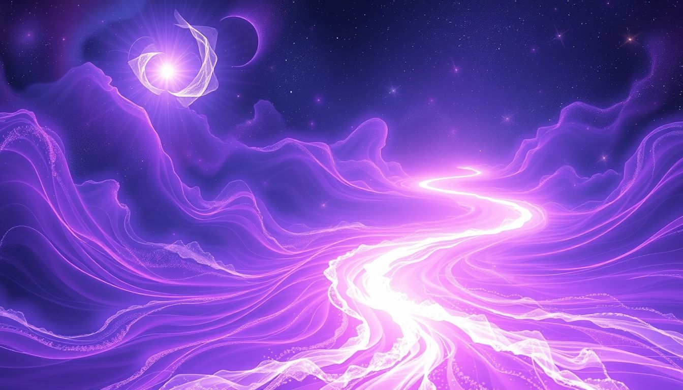 Ein purpurfarbener Fluss symbolisiert emotionale Heilung und spirituelles Wachstum.