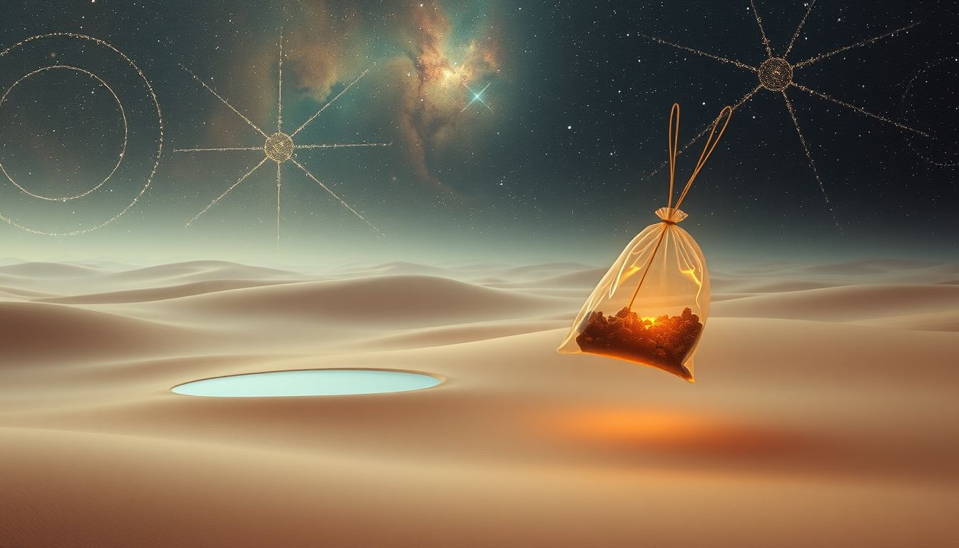 Ein Tabakbeutel in der Wüste symbolisiert Sehnsucht nach innerer Erfüllung.
