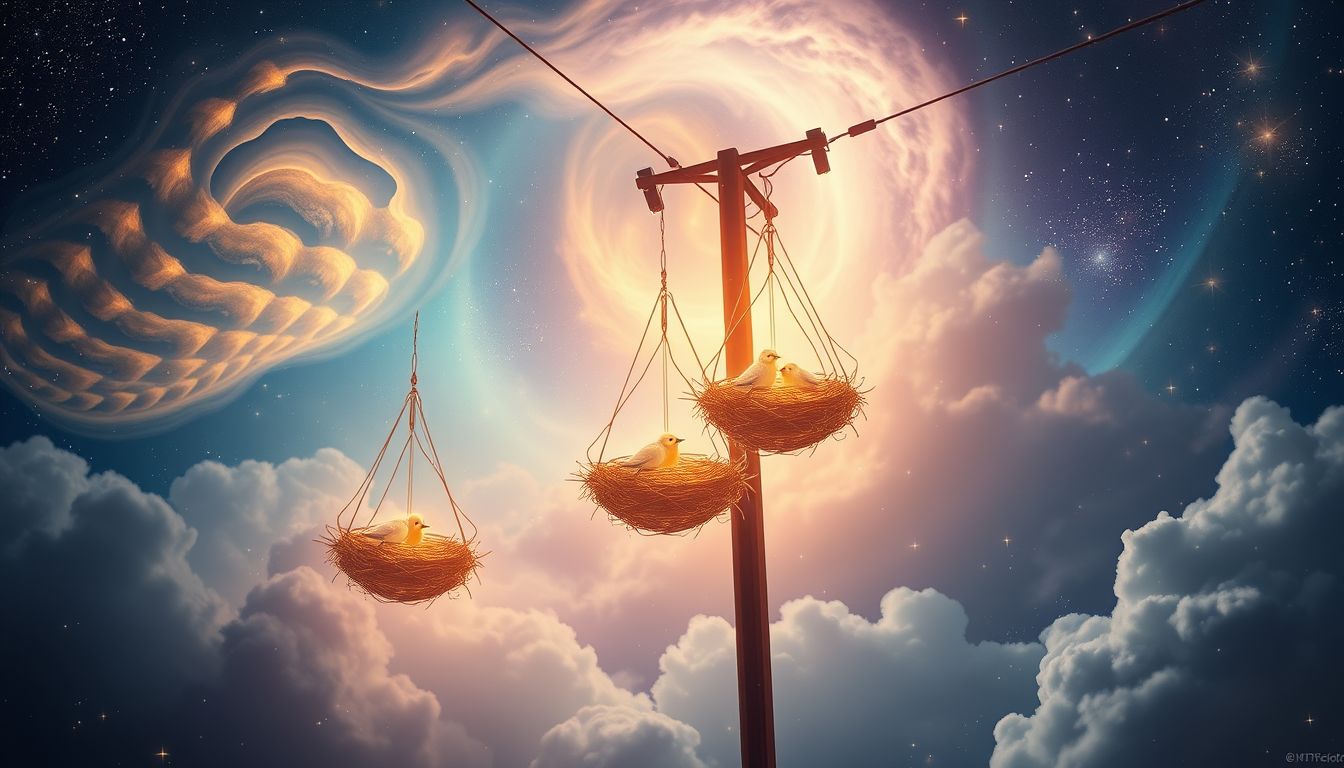 Ein Telegrafenmast mit Vogelnestern symbolisiert Schutz und familiäre Geborgenheit.