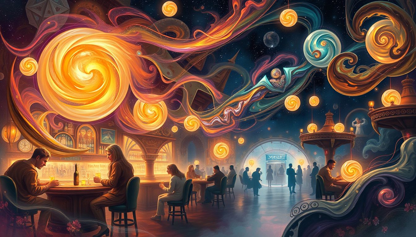 Eine lebhafte Schankstätte symbolisiert soziale Freude und neue Begegnungen.