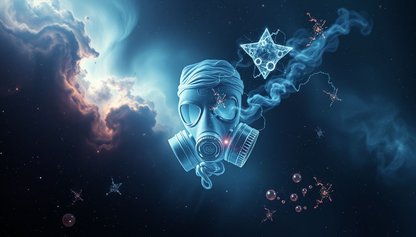 Die Gasmaske symbolisiert Schutz vor unsichtbaren Bedrohungen und Ängsten.