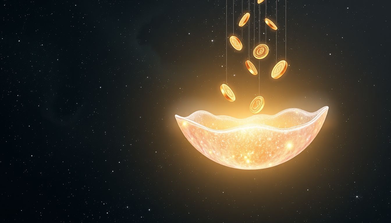 Geld in Spendenschale symbolisiert Großzügigkeit und innere Zufriedenheit.