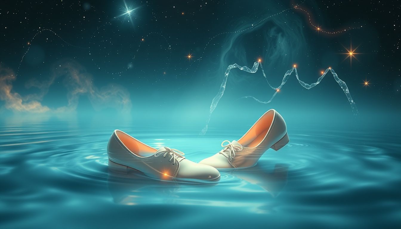 Lackschuhe im Wasser symbolisieren emotionale Unsicherheiten und Belastungen.