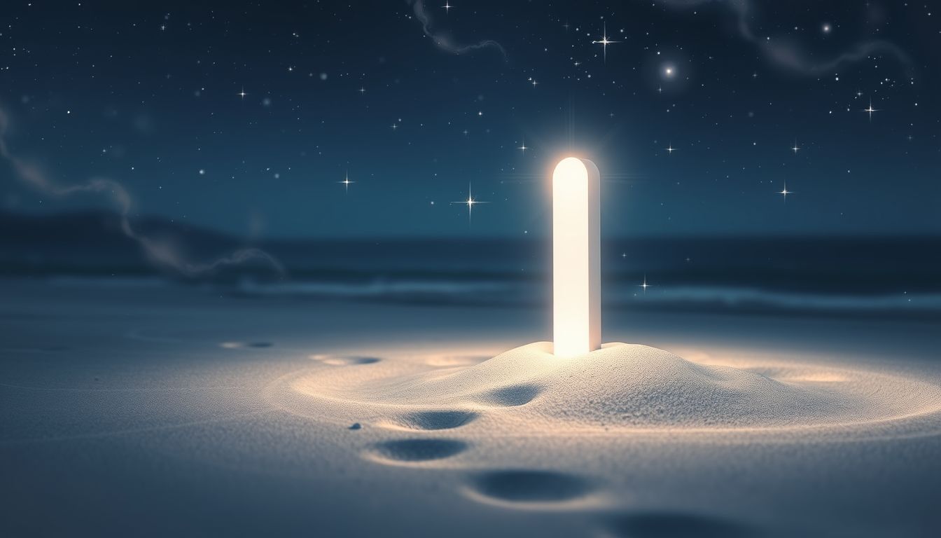 Ein Meilenstein am Strand symbolisiert neue Lebensabschnitte und Ruhe.
