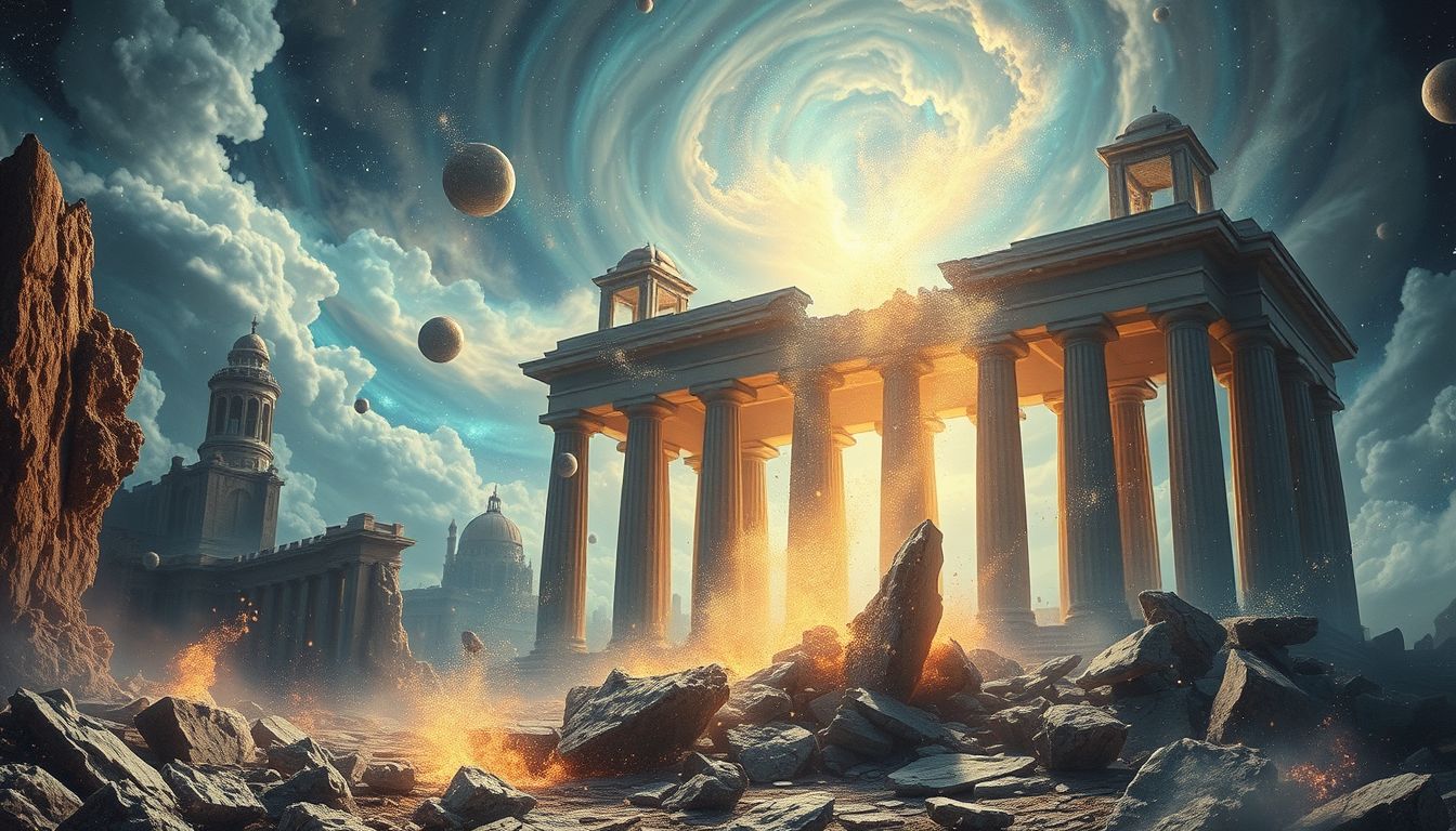Morsche Gebäude symbolisieren zerbrechende Überzeugungen und innere Transformation.