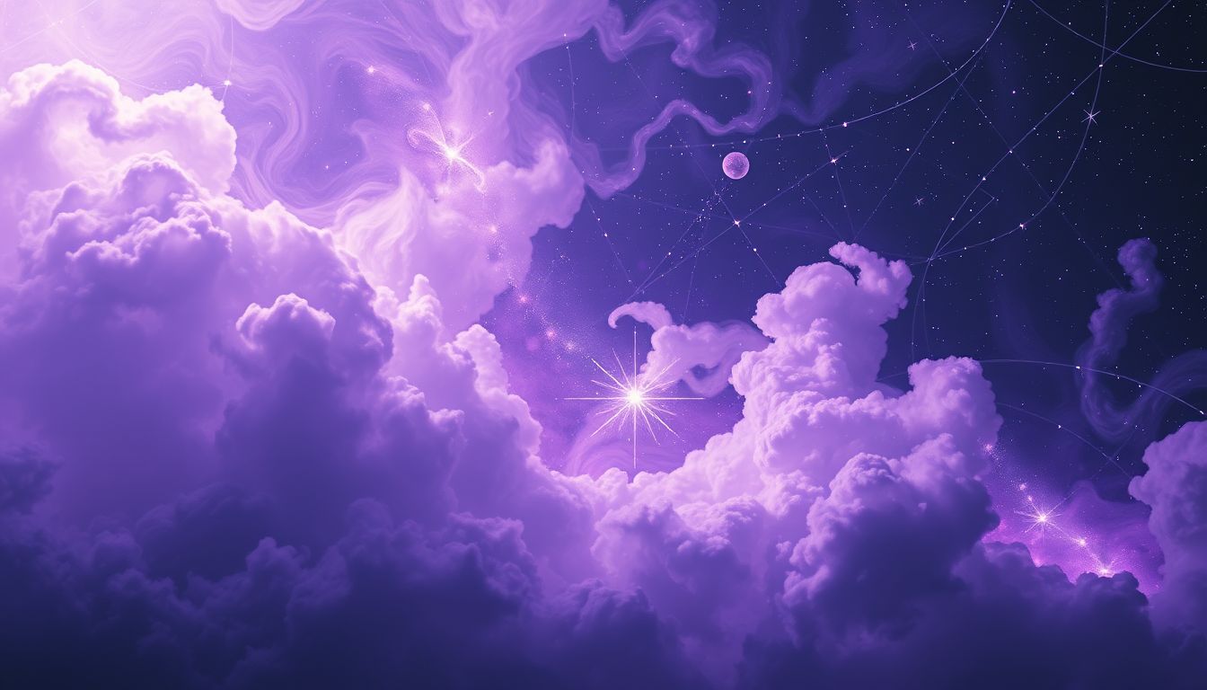 Purpurfarbene Wolken symbolisieren spirituelle Transformation und intuitive Erkenntnisse im Traum.