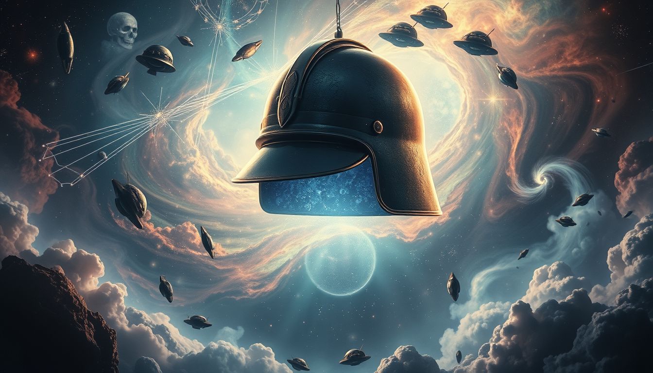 Der Stahlhelm symbolisiert Schutz und zugleich die Grausamkeit des Krieges.