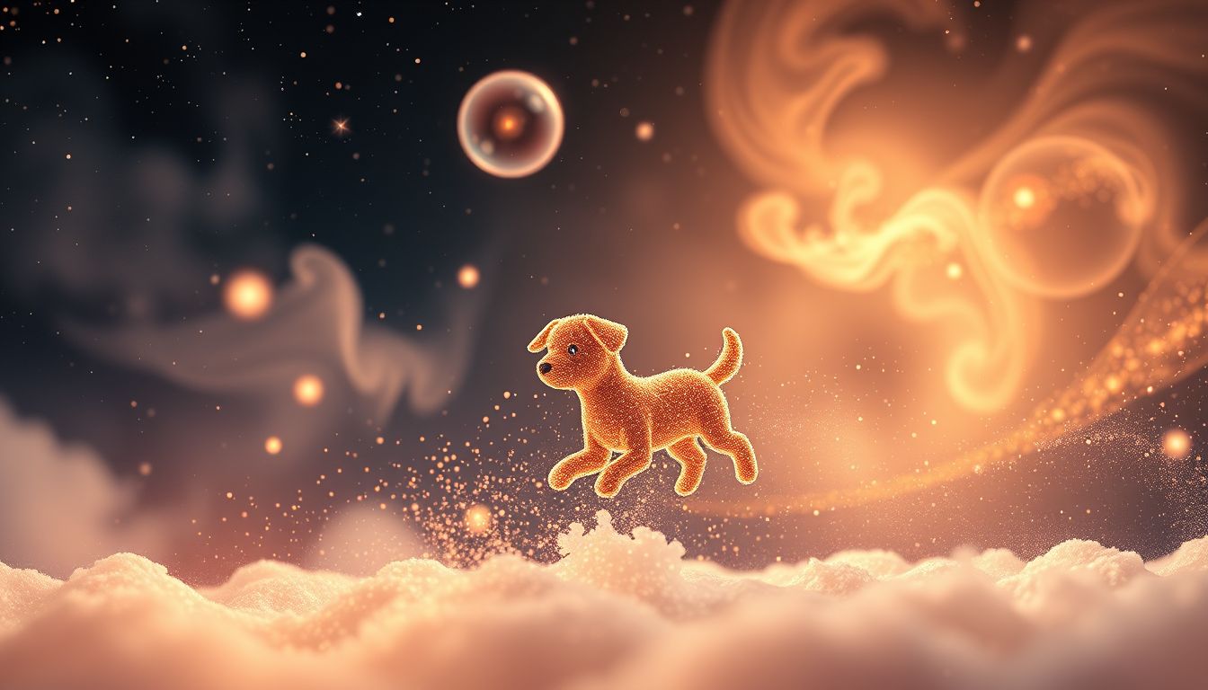 Ein verspielter Köter symbolisiert unbeschwerte Lebensfreude und Loyalität.